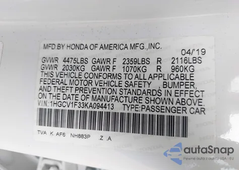 2019 Honda Accord Sport from USA, damaged, VIN 1HGCV1F33KA094413